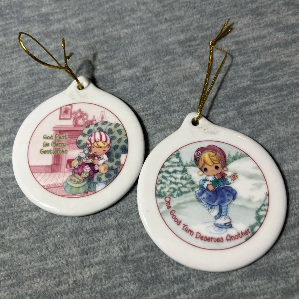 Vintage Precious Moments Christmas Remembered 2 Porcelain Holiday Ornaments 2001